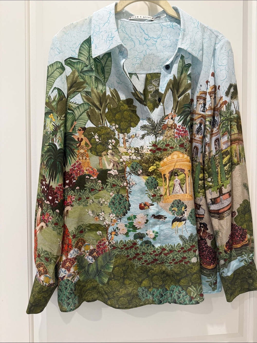 Alice + Olivia Pale Blue Tropical Botanical Print Button-Down Shirt
